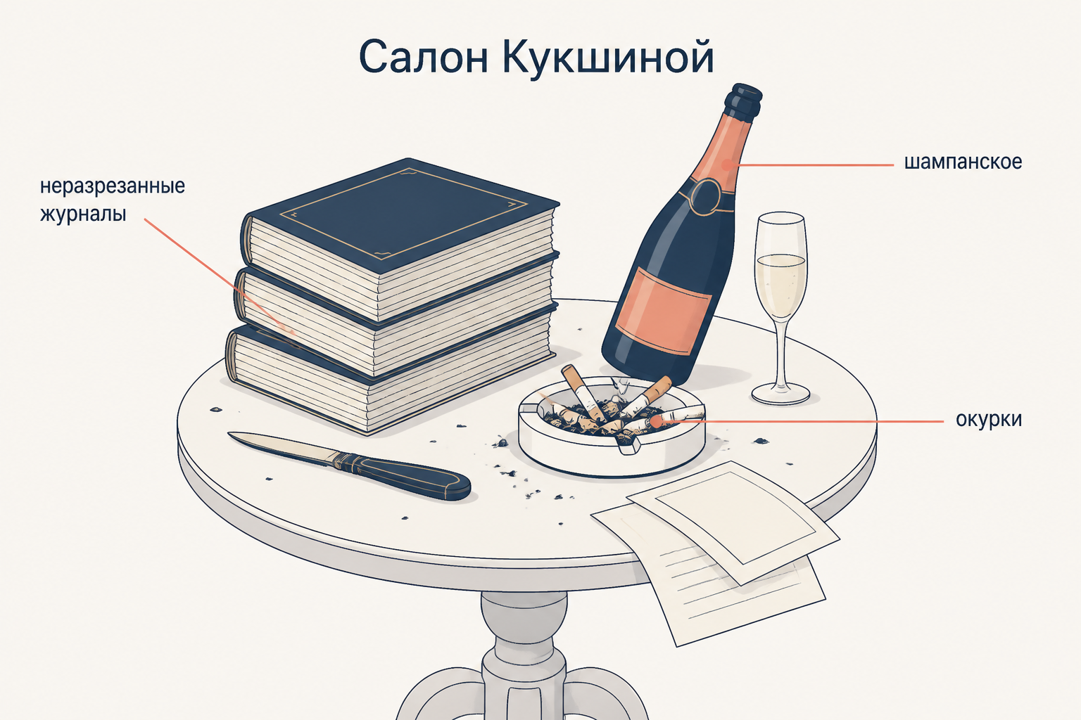 Салон Кукшиной как её характеристика: неразрезанные журналы, окурки и шампанское на пыльном столе