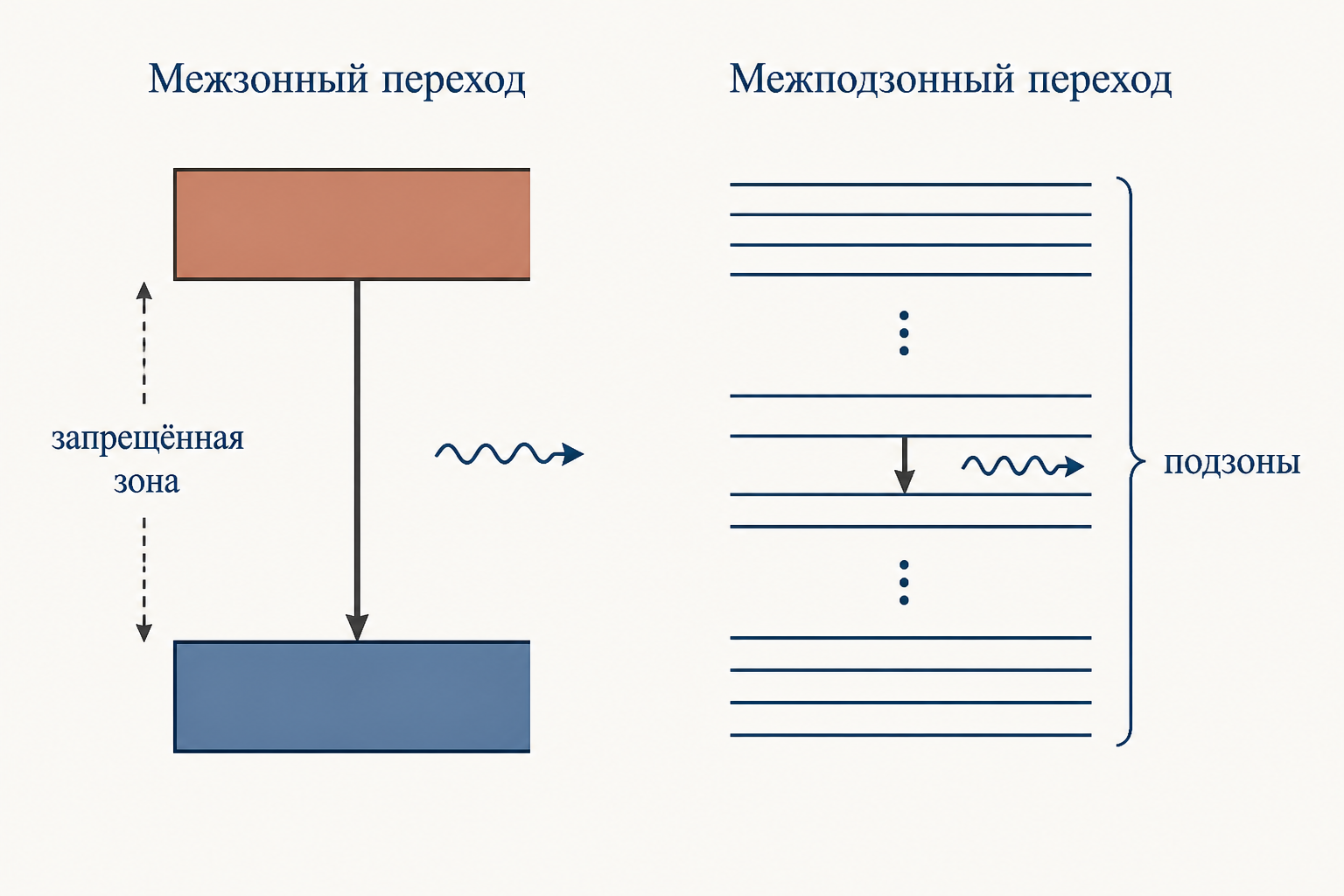Сравнение схем излучения: межзонный переход обычного диода через запрещённую зону и межподзонный переход в квантово-каскадном лазере между соседними подзонами