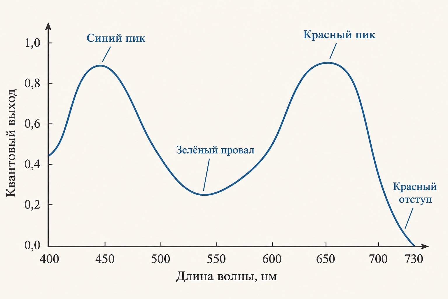 Спектральная зависимость квантового выхода C3-растения: пики в синей и красной областях, провал в зелёной