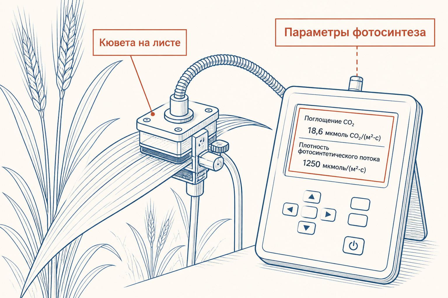Портативный газообменник LI-6800 в полевых измерениях: кювета на листе, дисплей с параметрами фотосинтеза