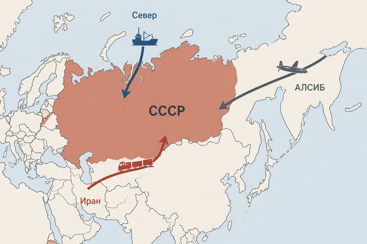 Схема трёх путей поставок: северные конвои, Персидский коридор и АЛСИБ