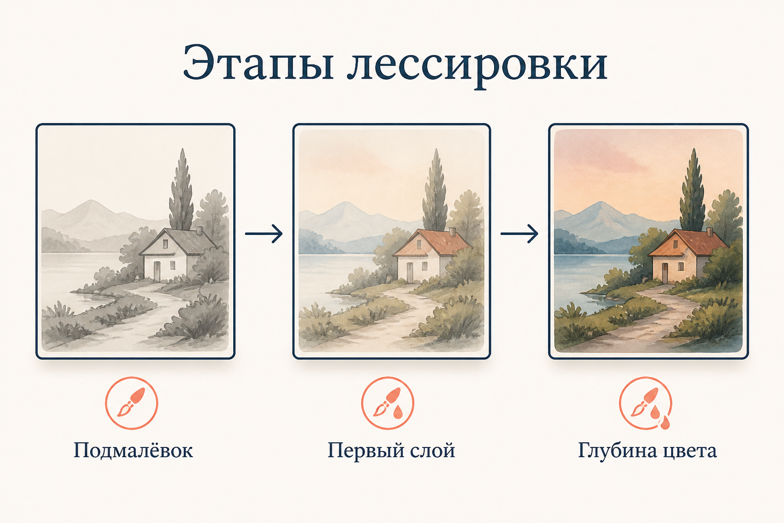Этапы лессировки: монохромный подмалёвок, первый прозрачный слой, наращивание глубины цвета