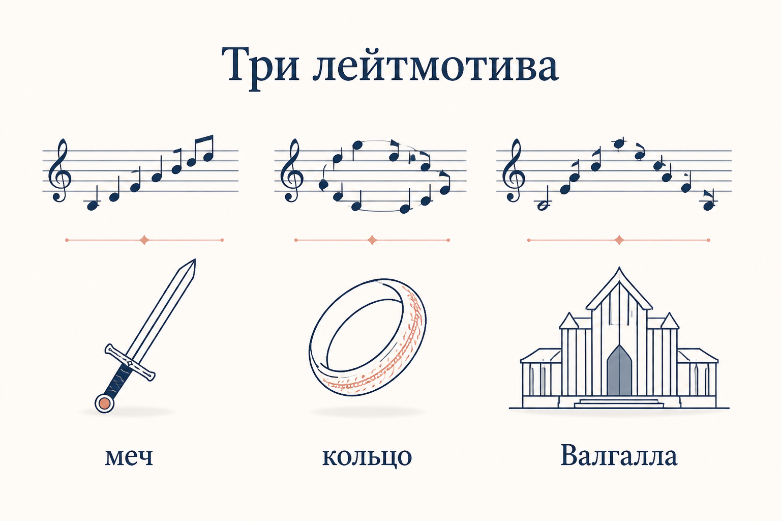 Сопоставление трёх лейтмотивов: меч восходящий и светлый, кольцо замкнутое, Валгалла торжественная