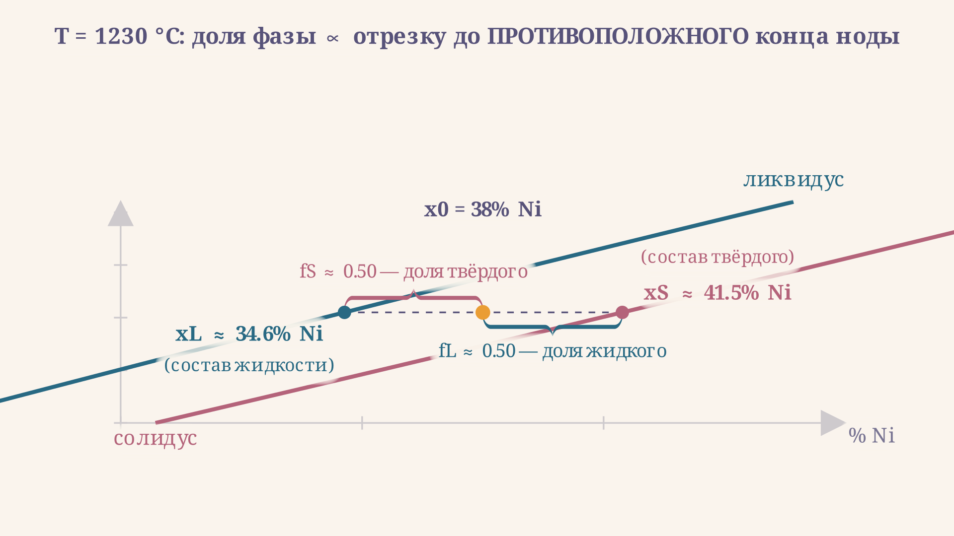 Правило рычага на ноде равновесия: доля жидкой фазы пропорциональна отрезку от точки состава сплава до солидуса, доля твёрдой фазы - отрезку до ликвидуса