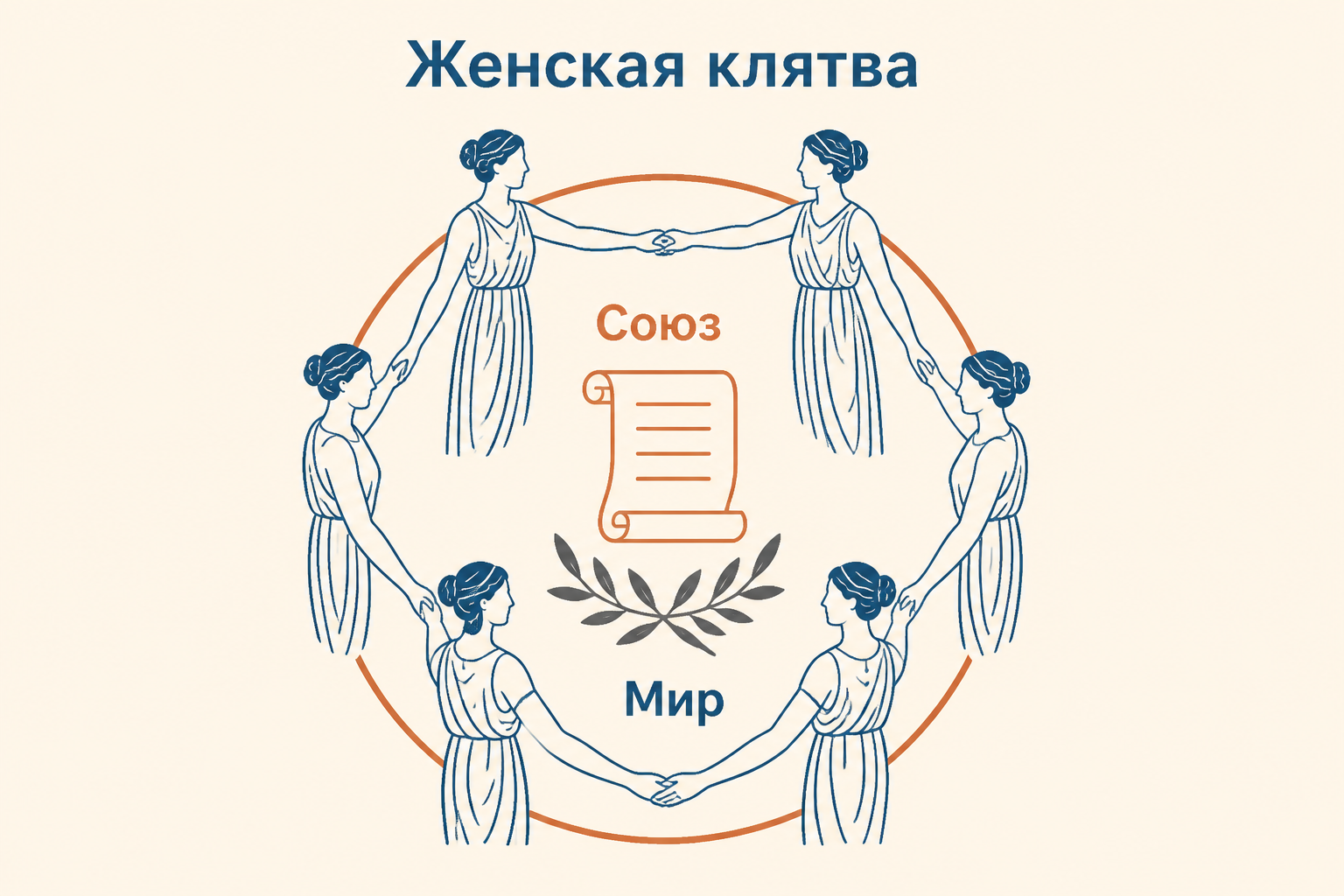 Женщины заключают общий договор у Акрополя, надписи «Лисистрата», «Клятва», «Мир»