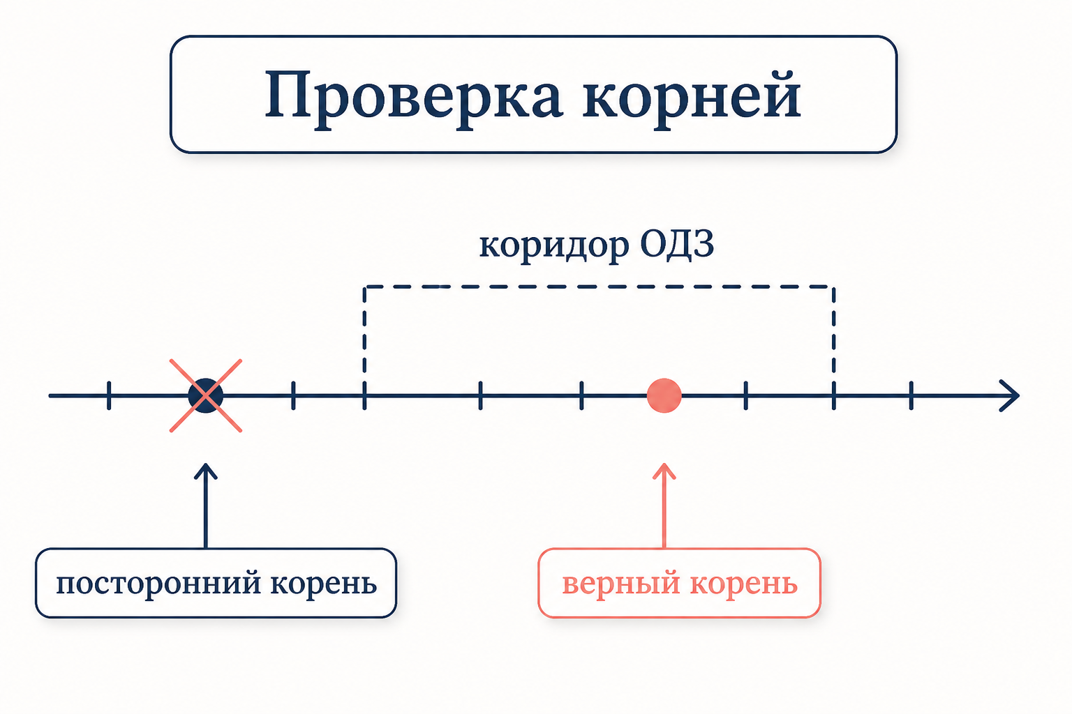 Числовая ось: коридор ОДЗ отмечен пунктиром, корни уравнения отмечены точками, посторонний корень лежит вне коридора
