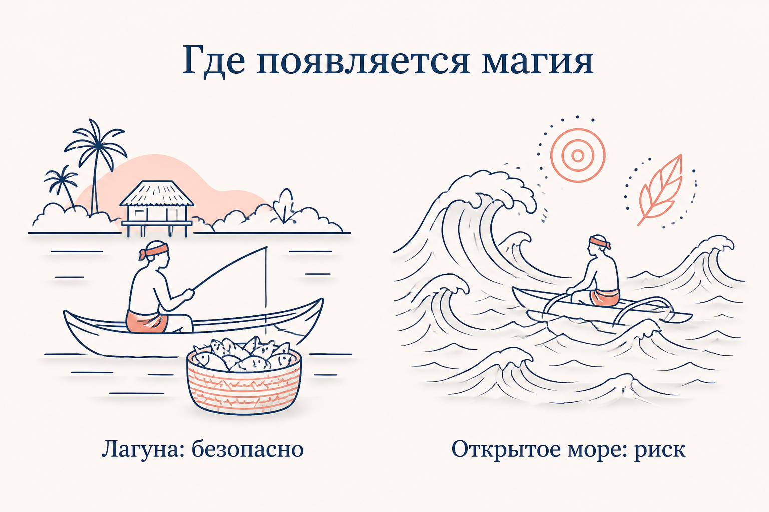 Контраст двух рыболовных зон: безопасная лагуна без магии и опасное открытое море, окружённое ритуальными символами - иллюстрация теории тревоги Малиновского