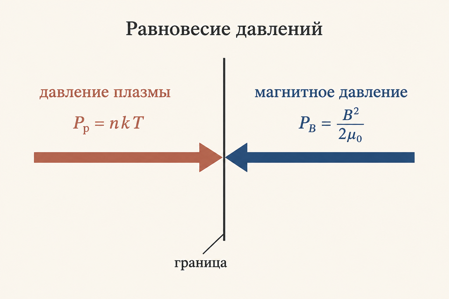 Равновесие давления плазмы и магнитного давления на резкой границе: газокинетическое давление толкает наружу, поле - внутрь