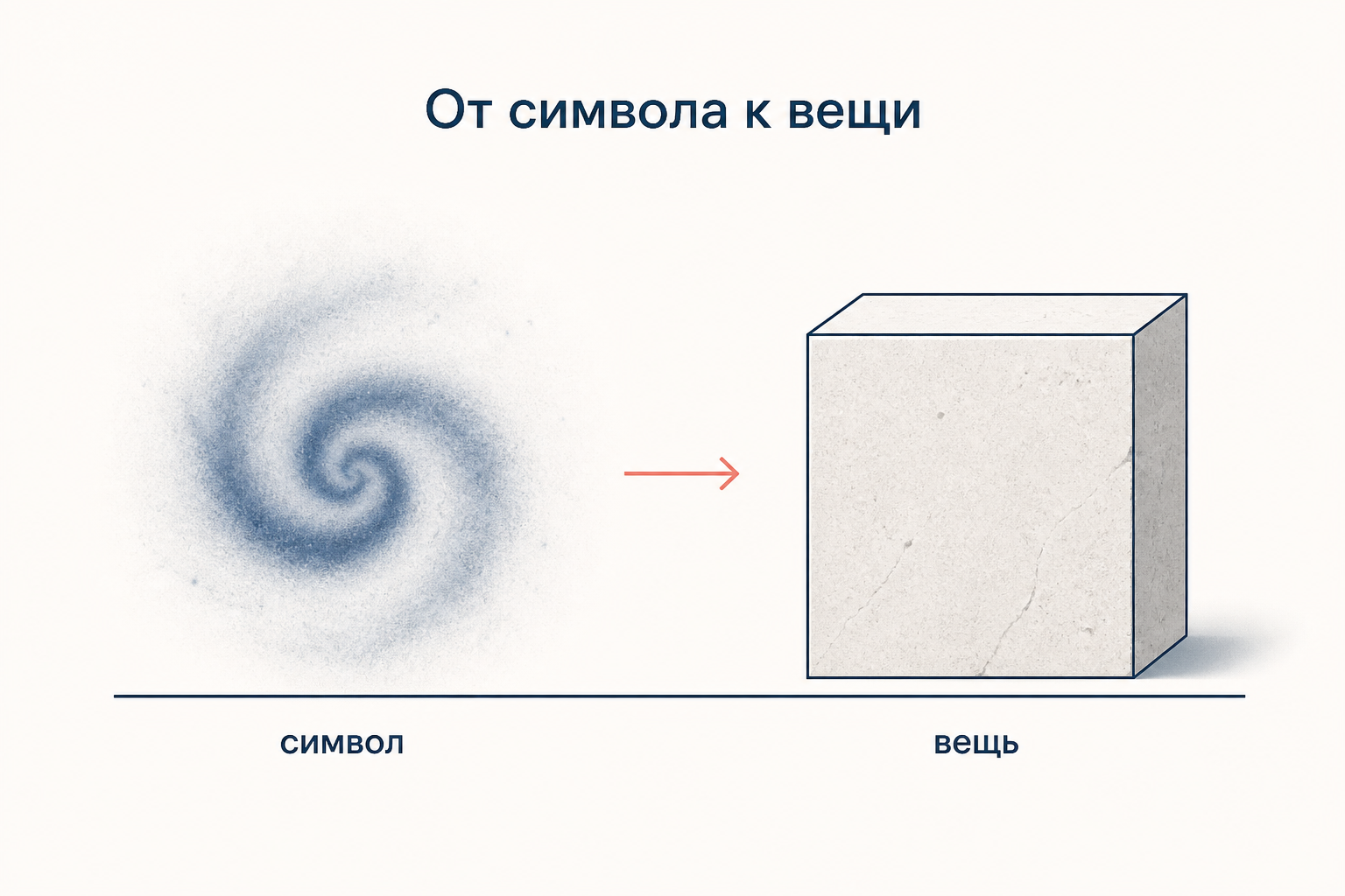 Схема перехода от символа к вещи: размытая туманная спираль слева и чёткий тесаный каменный блок справа