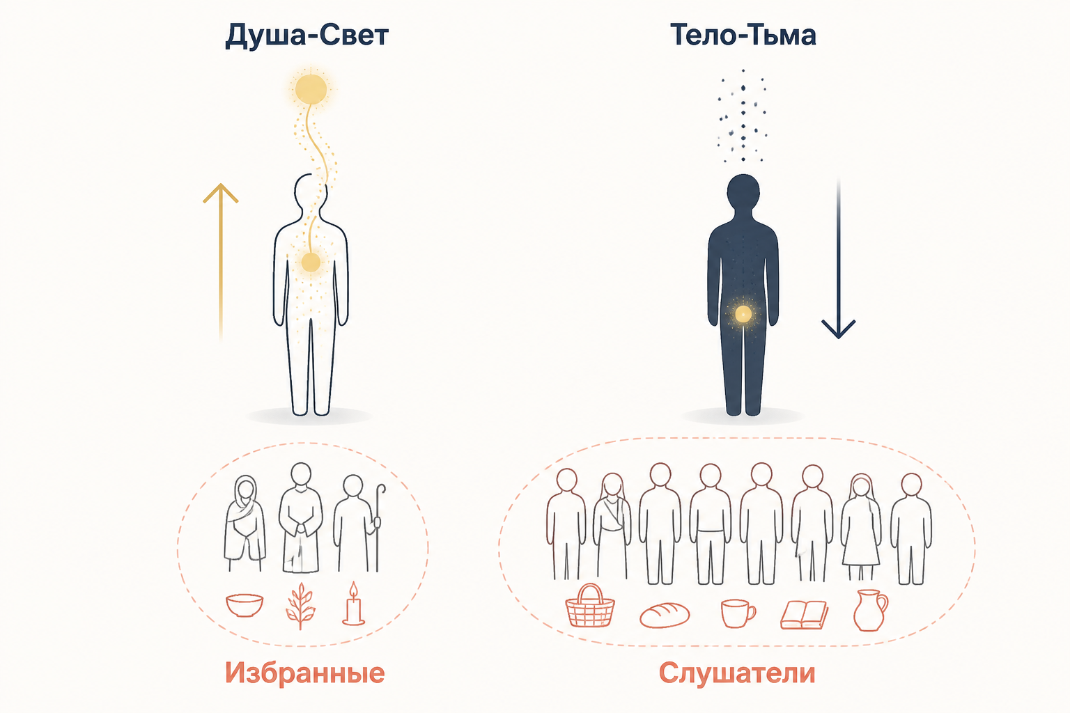Манихейская антропология: душа-Свет заточена в теле-Тьме, путь освобождения через аскезу Избранных