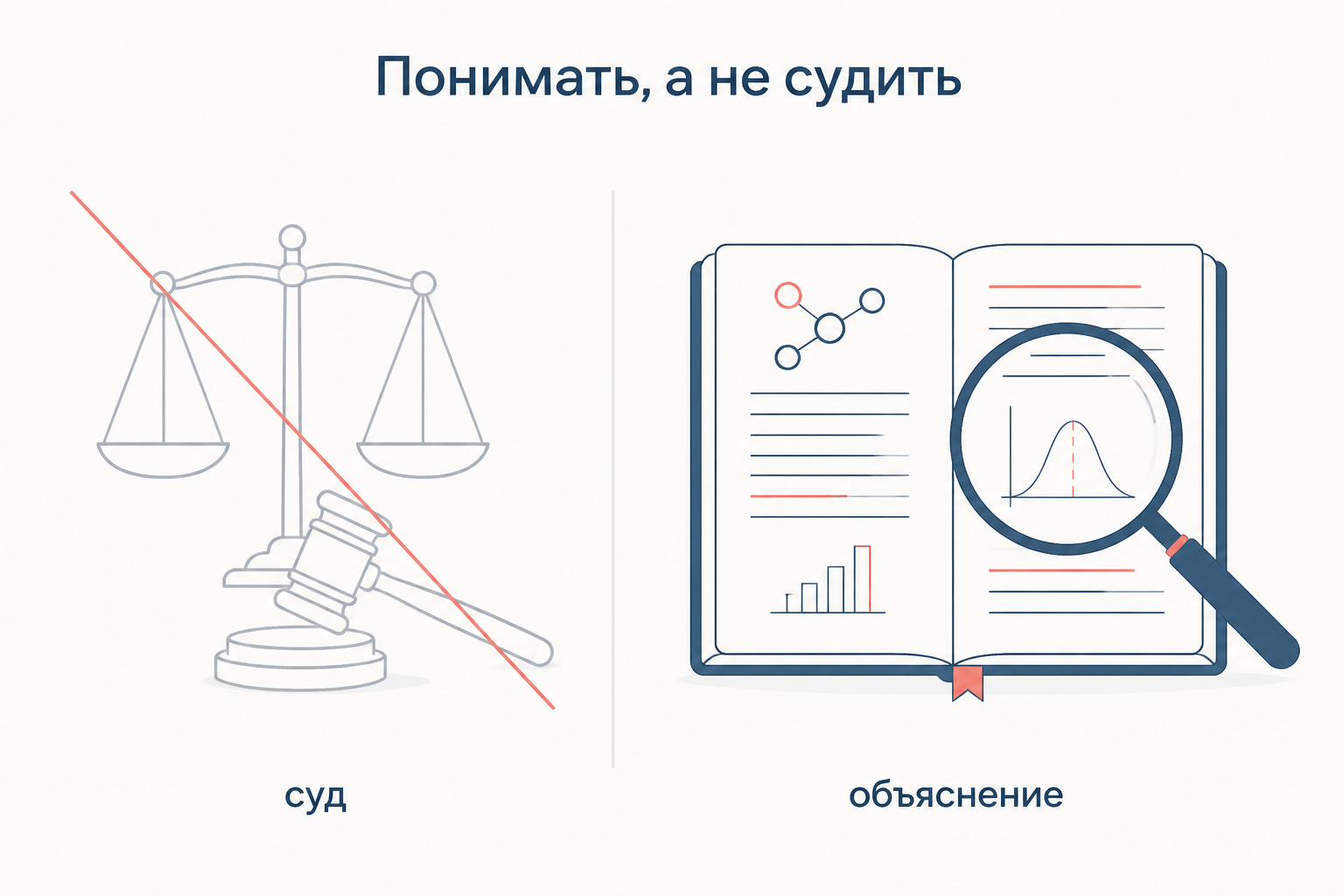Весы правосудия перечёркнуты, рядом лупа над документом: историк объясняет, а не выносит приговор