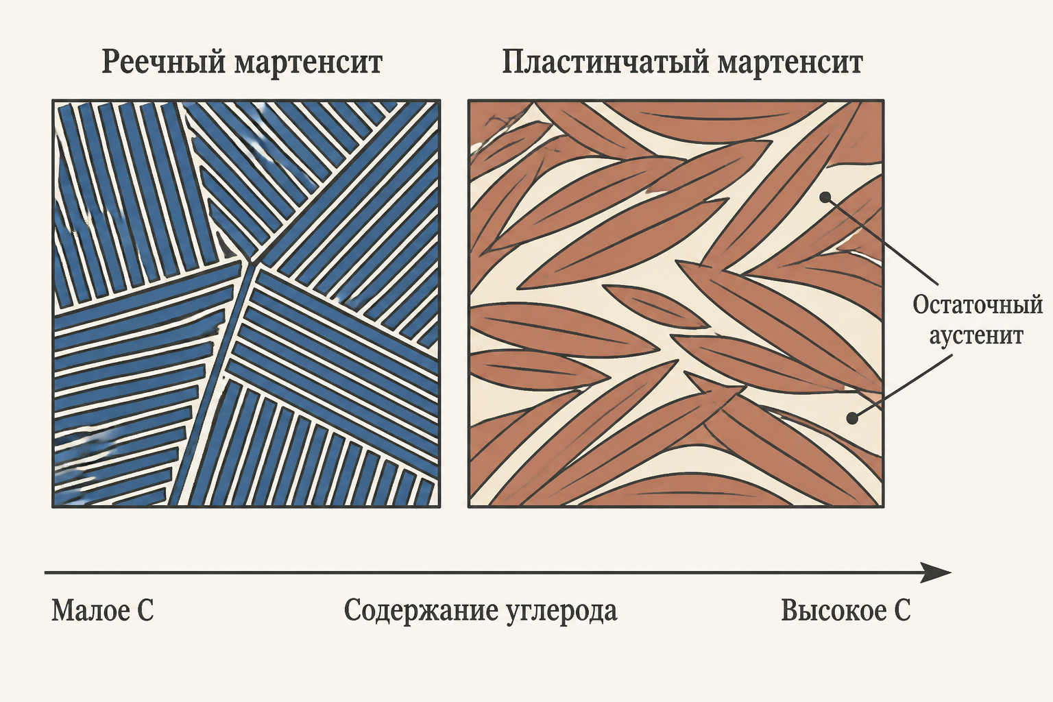 Морфология пластинчатого и реечного мартенсита в зависимости от содержания углерода в стали
