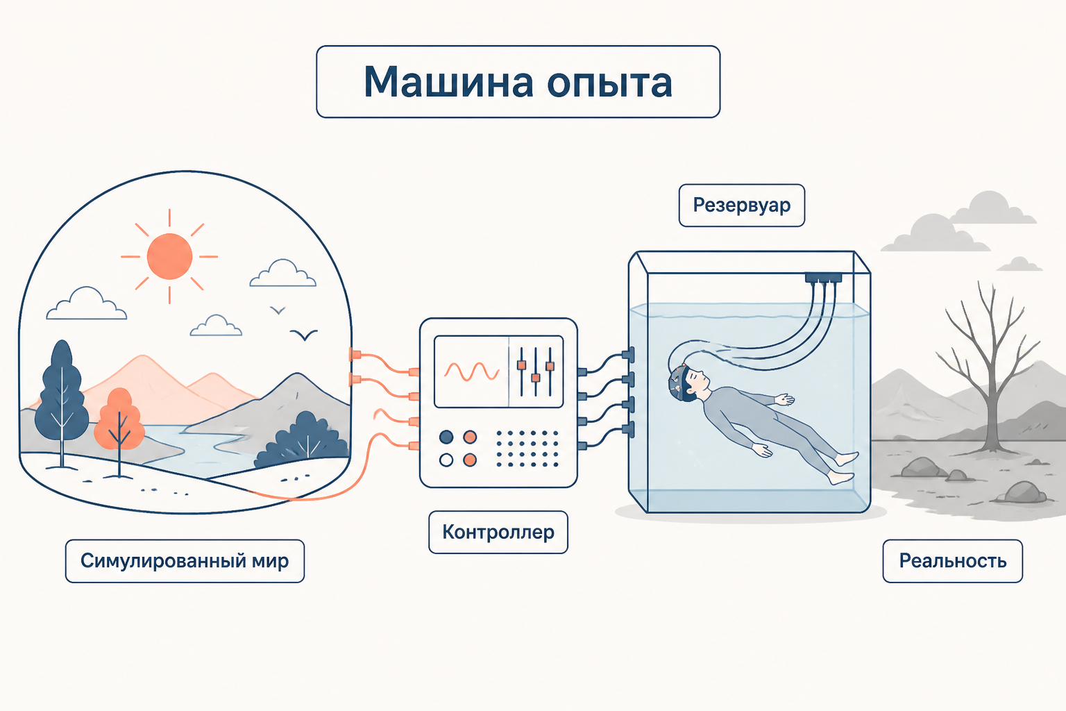 Схема машины опыта: резервуар, мозг, симулированный мир и реальность снаружи