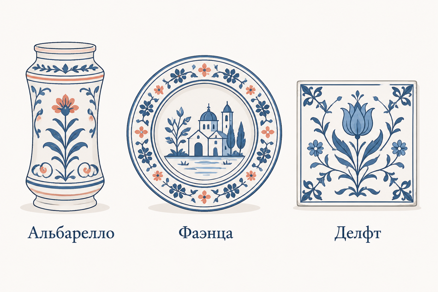 Образцы майолики: итальянский альбарелло XVI века, тарелка фаэнца с голубым орнаментом и делфтская плитка