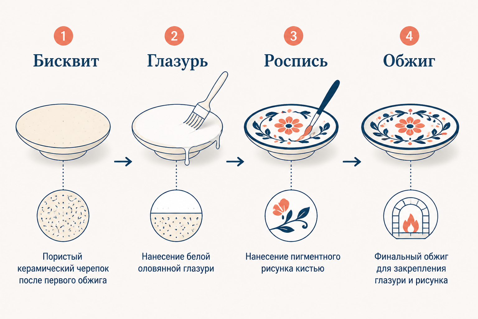 Этапы производства майолики: бисквитный черепок, нанесение белой глазури, роспись пигментами и готовое изделие после политого обжига