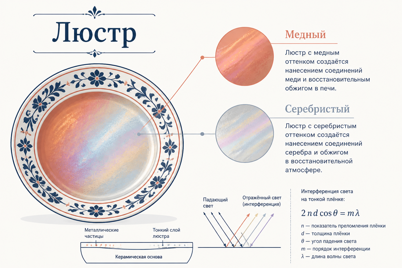 Люстровый декор майолики: тарелка с металлическим радужным отблеском, характерные оттенки медного и серебристого люстра