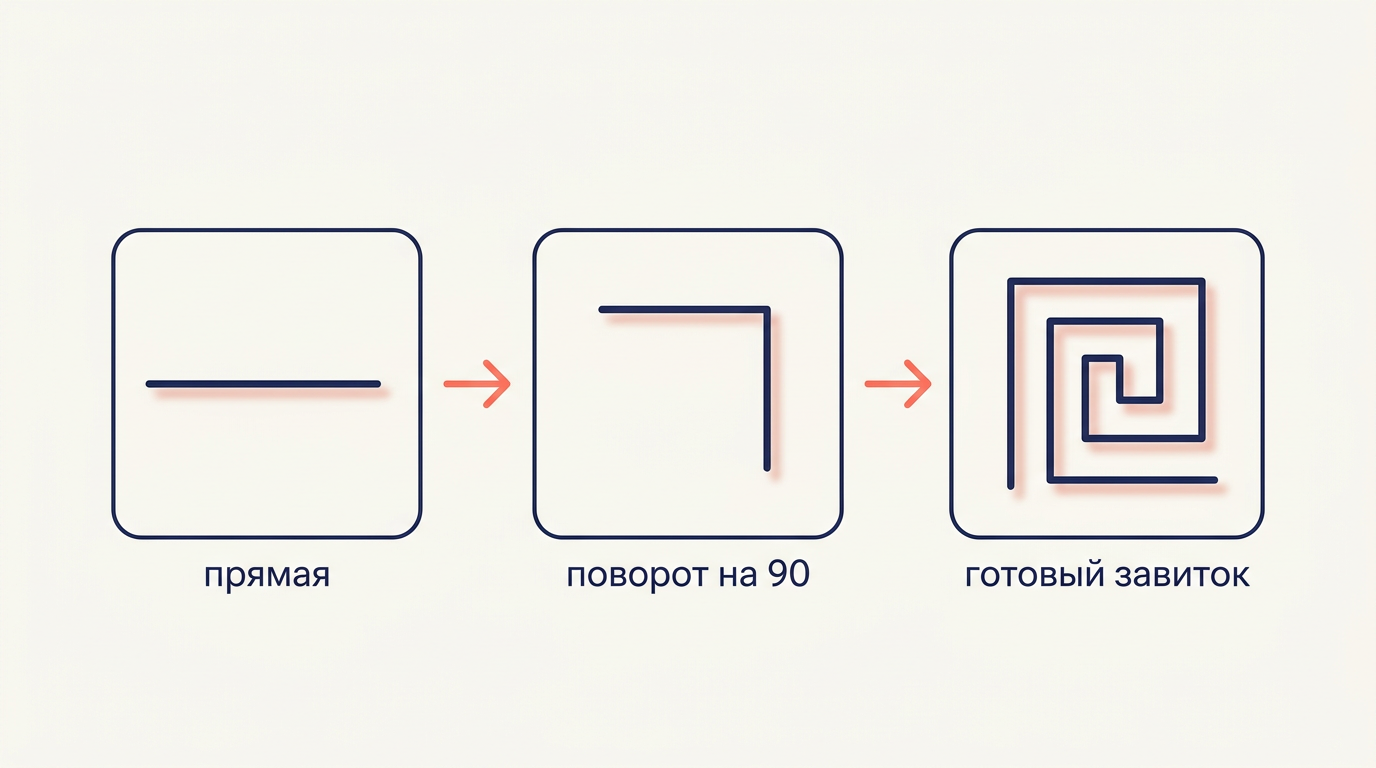 Меандр строится из одной линии: прямая, поворот под прямым углом и готовый завиток-ключ