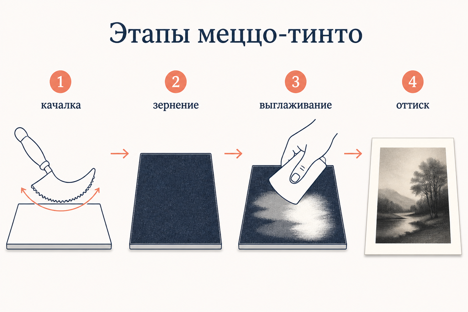 Четыре этапа меццо-тинто: зернение качалкой, сплошная чёрная доска, выглаживание светов гладилкой и готовый тональный оттиск.