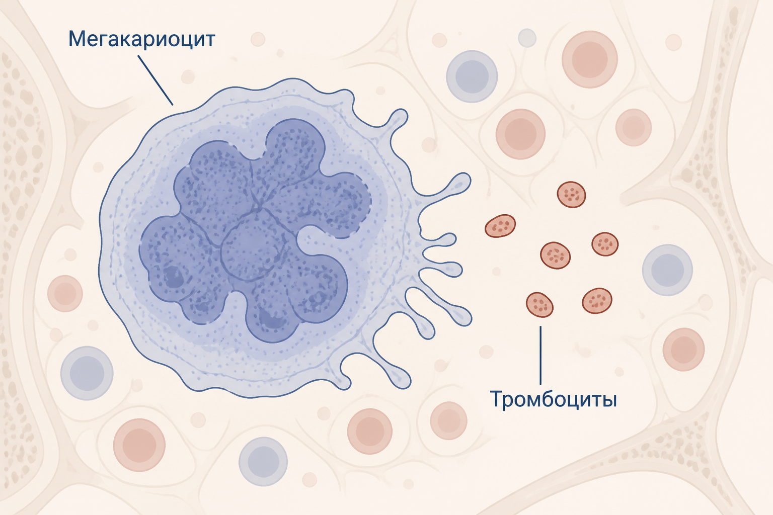 Схема крупного мегакариоцита рядом с мелкими тромбоцитами