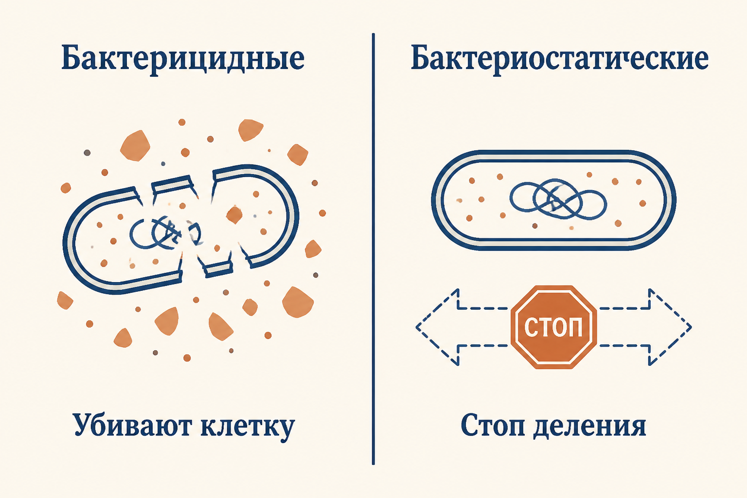 Сравнение бактерицидных и бактериостатических антибиотиков: одни разрушают клетку, другие останавливают её деление