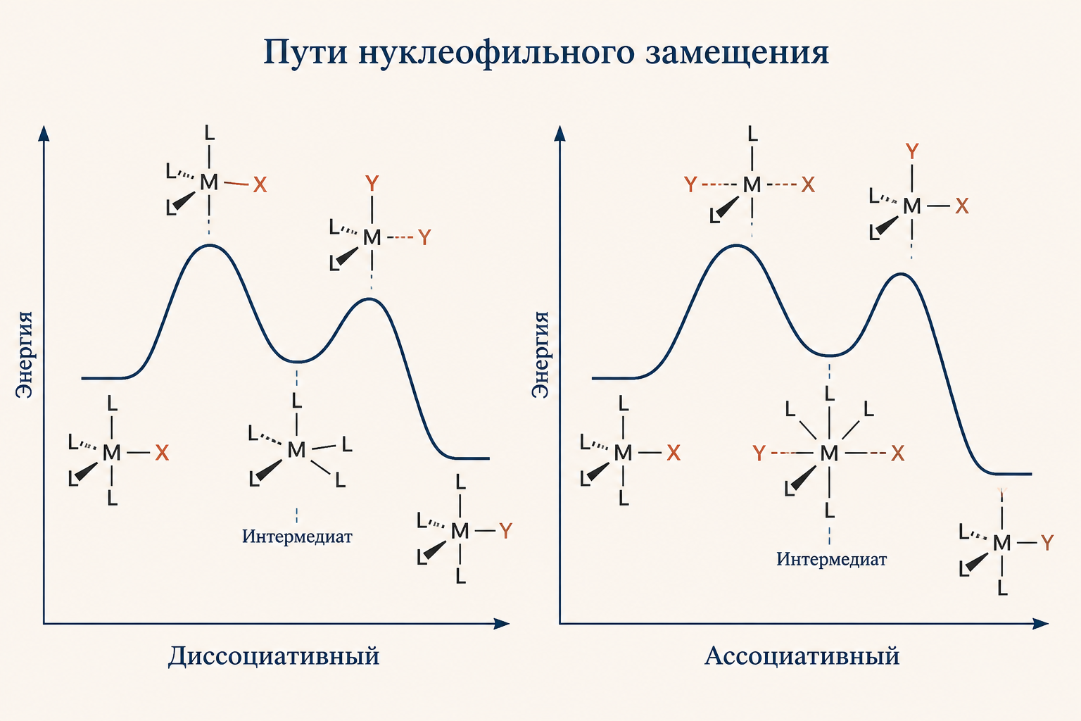 Энергетические профили диссоциативного и ассоциативного путей с интермедиатами разной координации