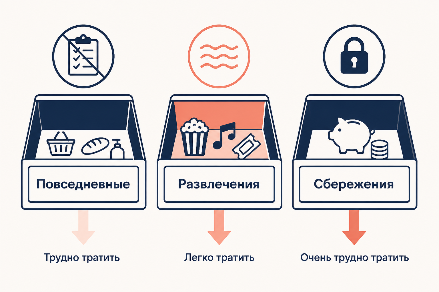 Схема ментального учёта: три мысленных счёта с разными правилами расходования