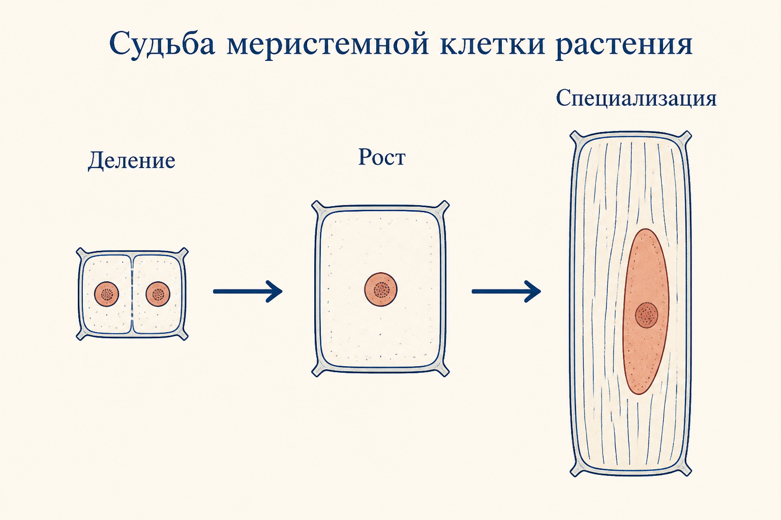 Судьба меристемной клетки: деление, рост и специализация в постоянную ткань