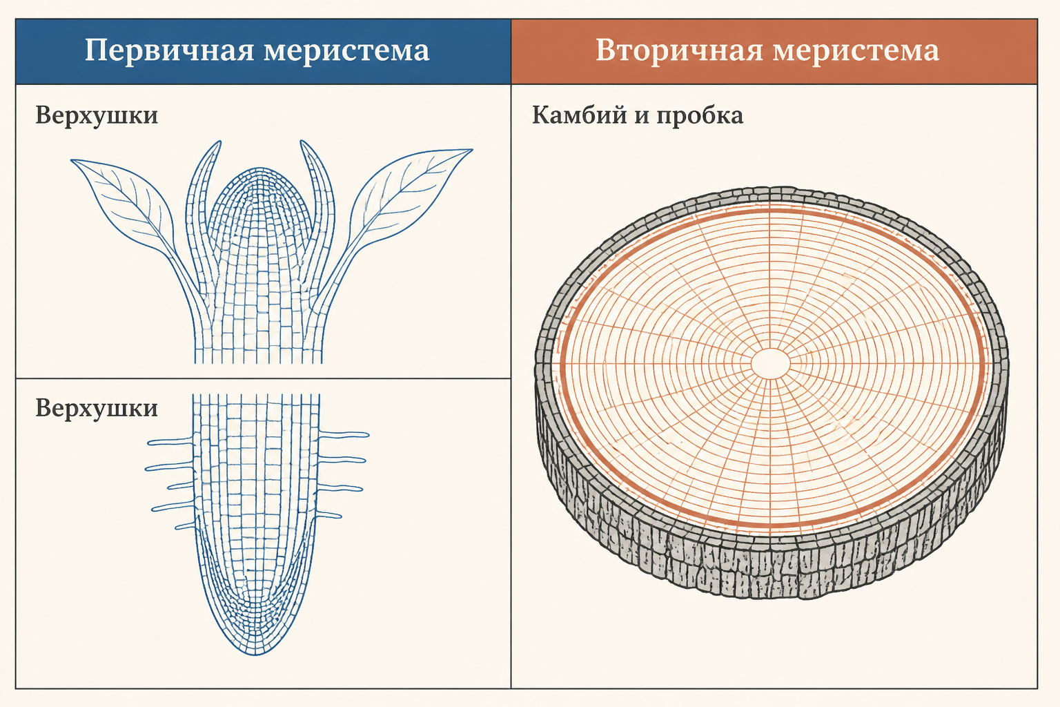Сравнение: первичная меристема на верхушках, вторичная в виде камбия и пробки