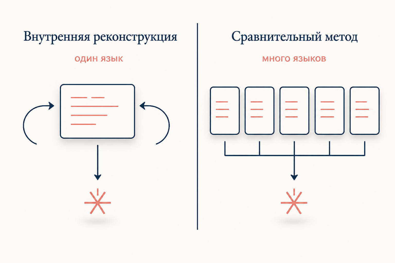 Схема внутренней реконструкции: чередующиеся буквы в слове одного языка сводятся стрелками к единой праформе со звёздочкой