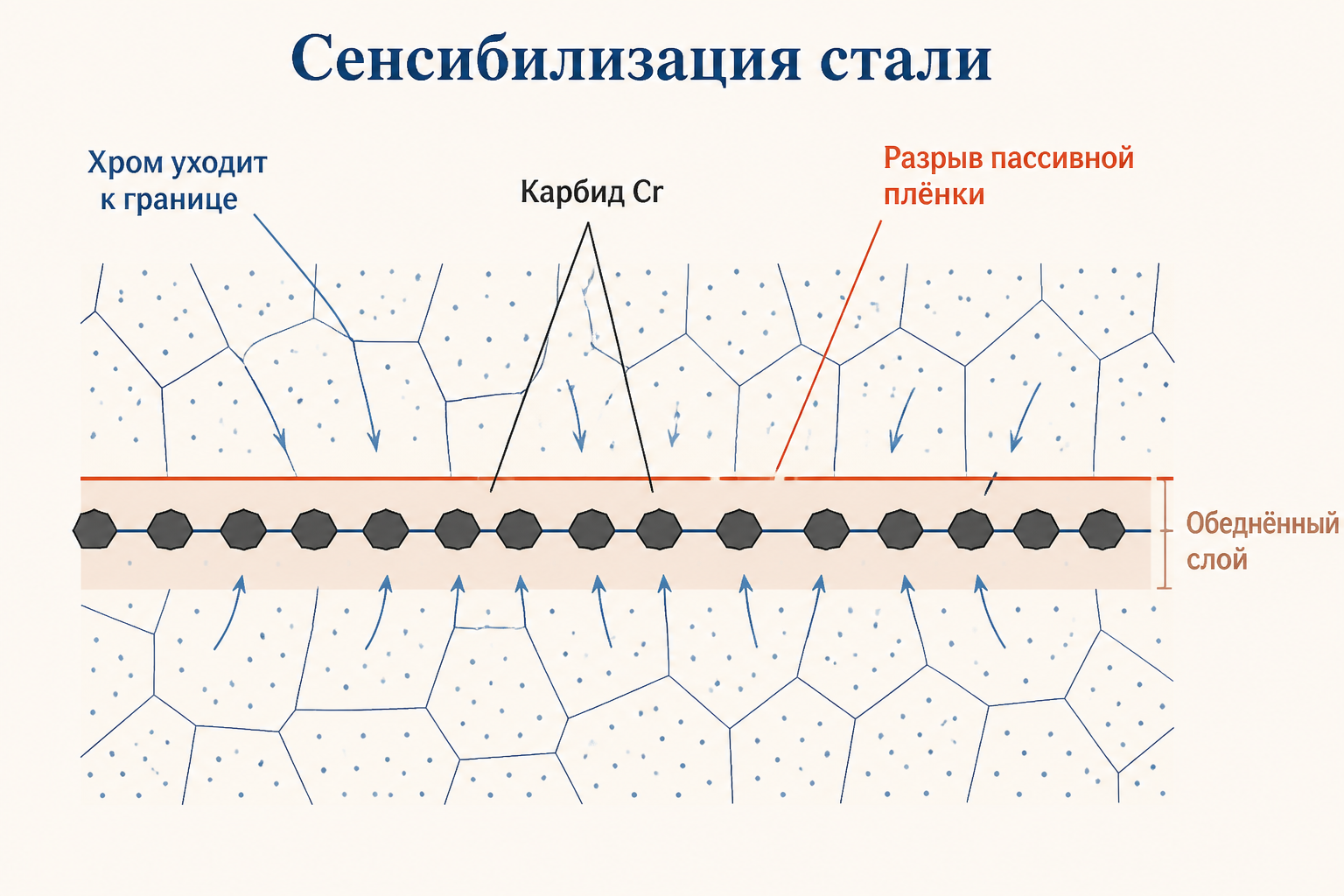 Схема сенсибилизации: углерод связывает хром в карбиды на границе зерна, рядом образуется обеднённый слой и рвётся пассивная плёнка