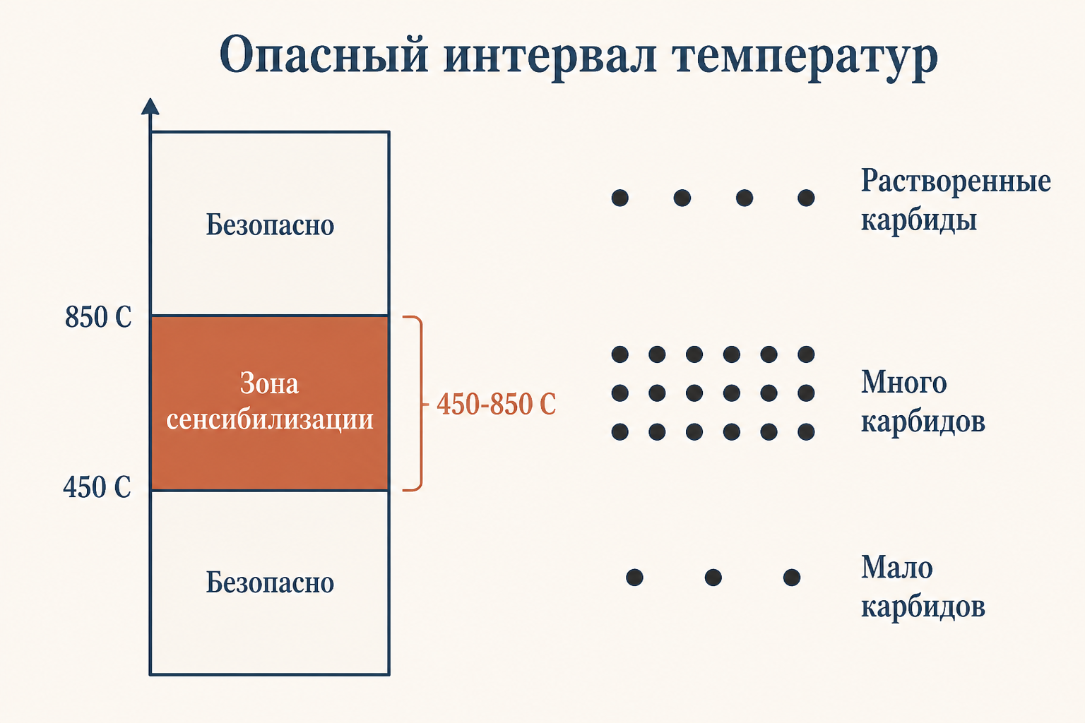 Опасный интервал температур сенсибилизации 450-850 градусов: ниже и выше карбиды либо не образуются, либо растворяются