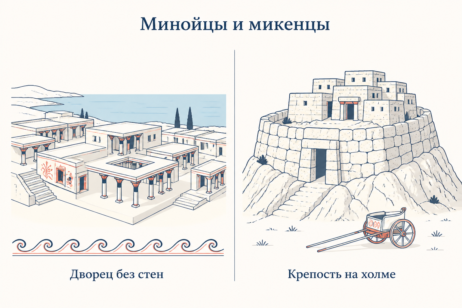 Минойцы и микенцы: открытый дворец без укреплений на Крите и микенская крепость на холме