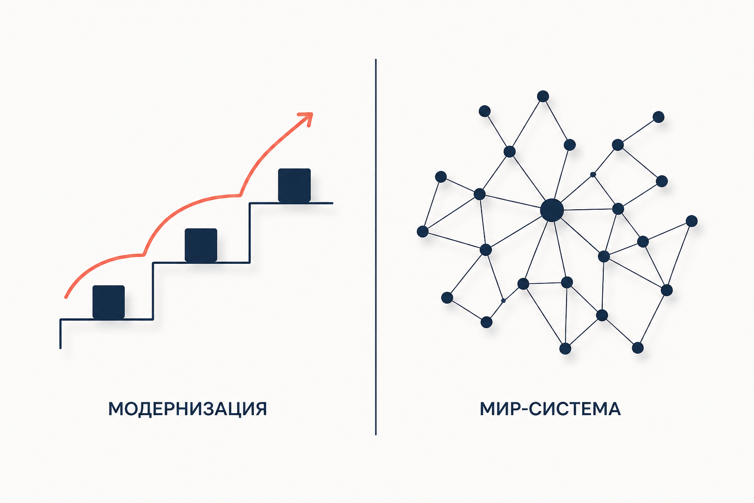 Сопоставление двух подходов: слева лестница стадий модернизации, справа сеть позиций мир-системы.