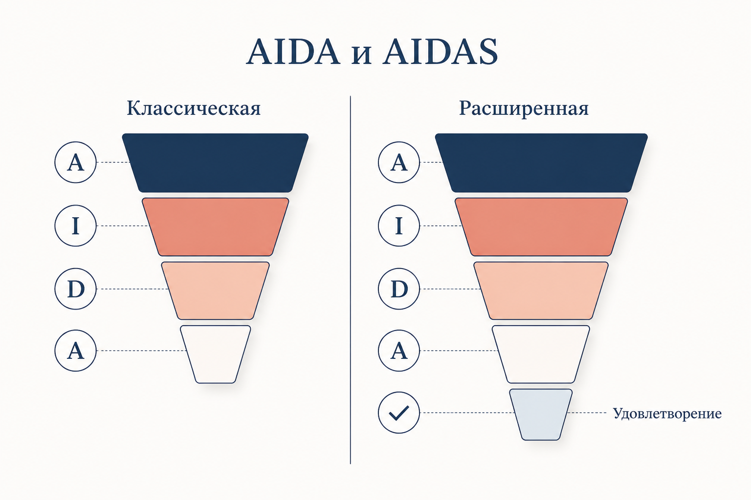 Сравнение классической модели AIDA и расширенной AIDAS с этапом удовлетворения