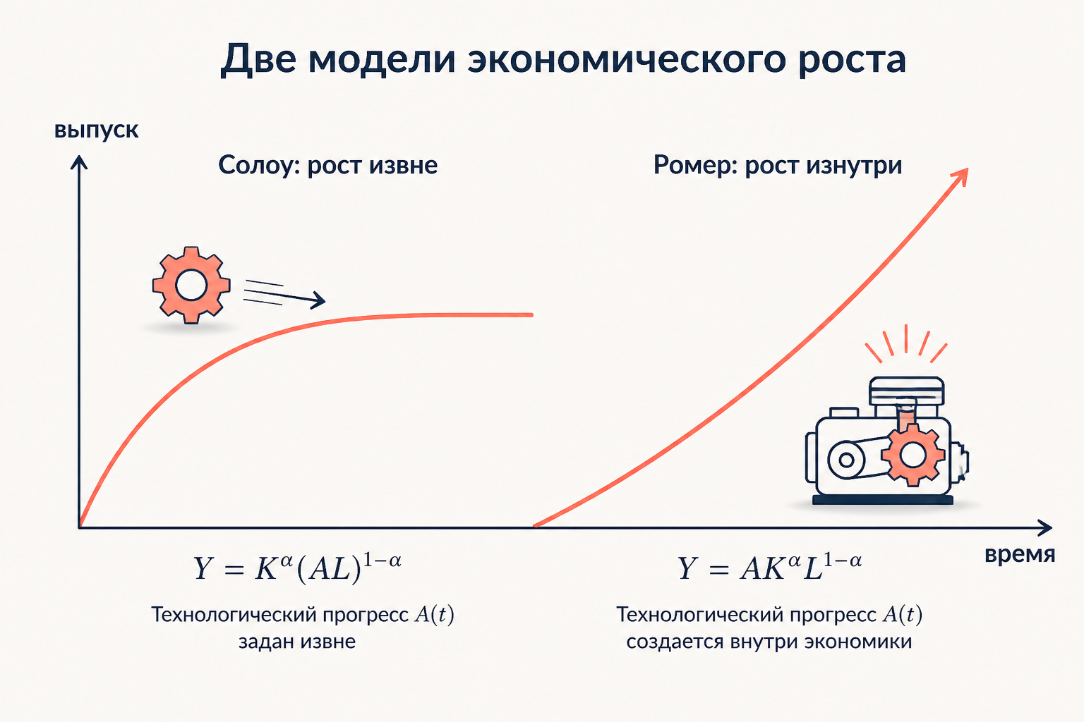 Сравнение двух моделей роста: у Солоу технология приходит извне и кривая выходит на плато, у Ромера двигатель встроен внутрь и выпуск растёт устойчиво