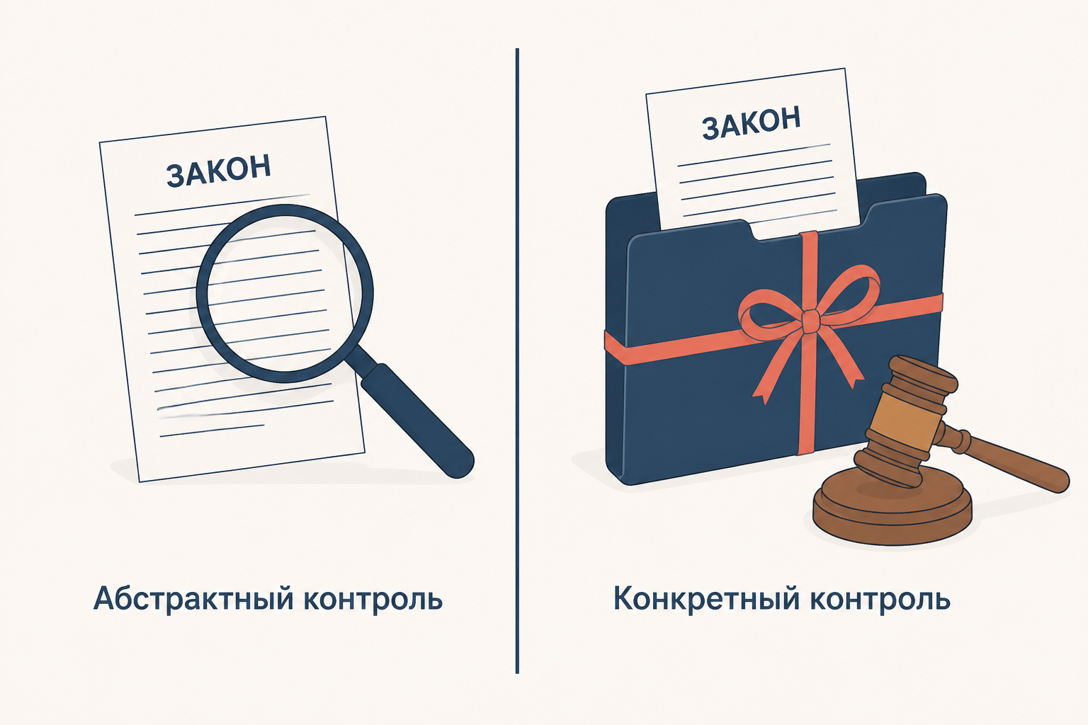 Два вида конституционного контроля: слева закон под лупой без всякого дела, справа тот же закон в папке судебного дела рядом с молотком судьи