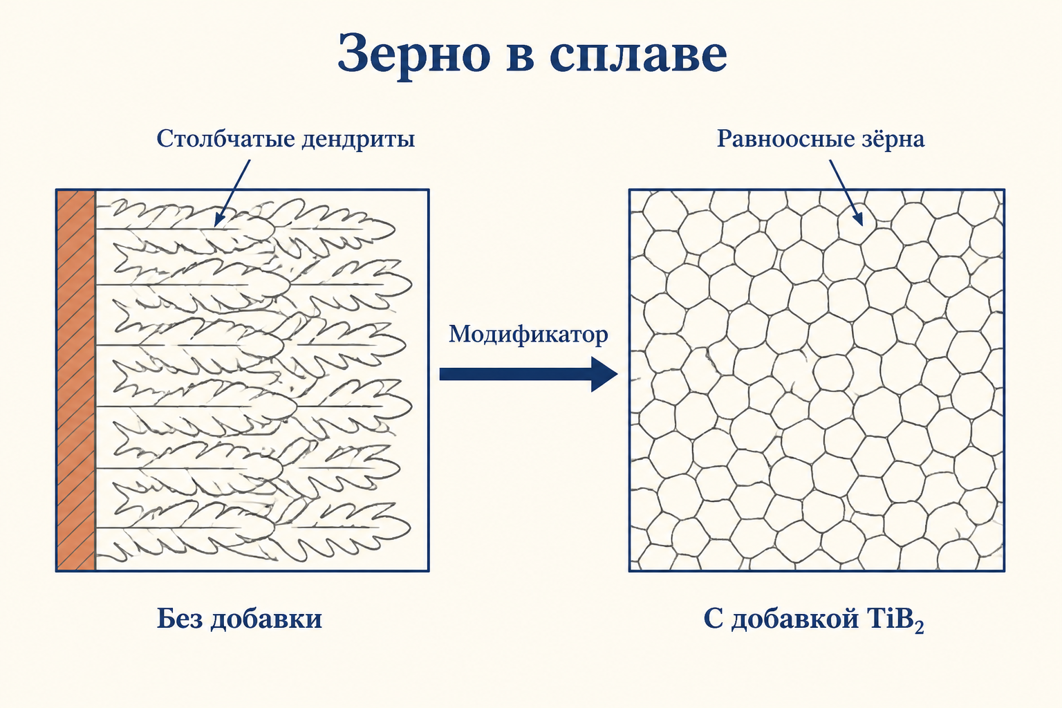 Схема: крупное столбчатое зерно без модификатора и мелкое равноосное зерно с модификатором