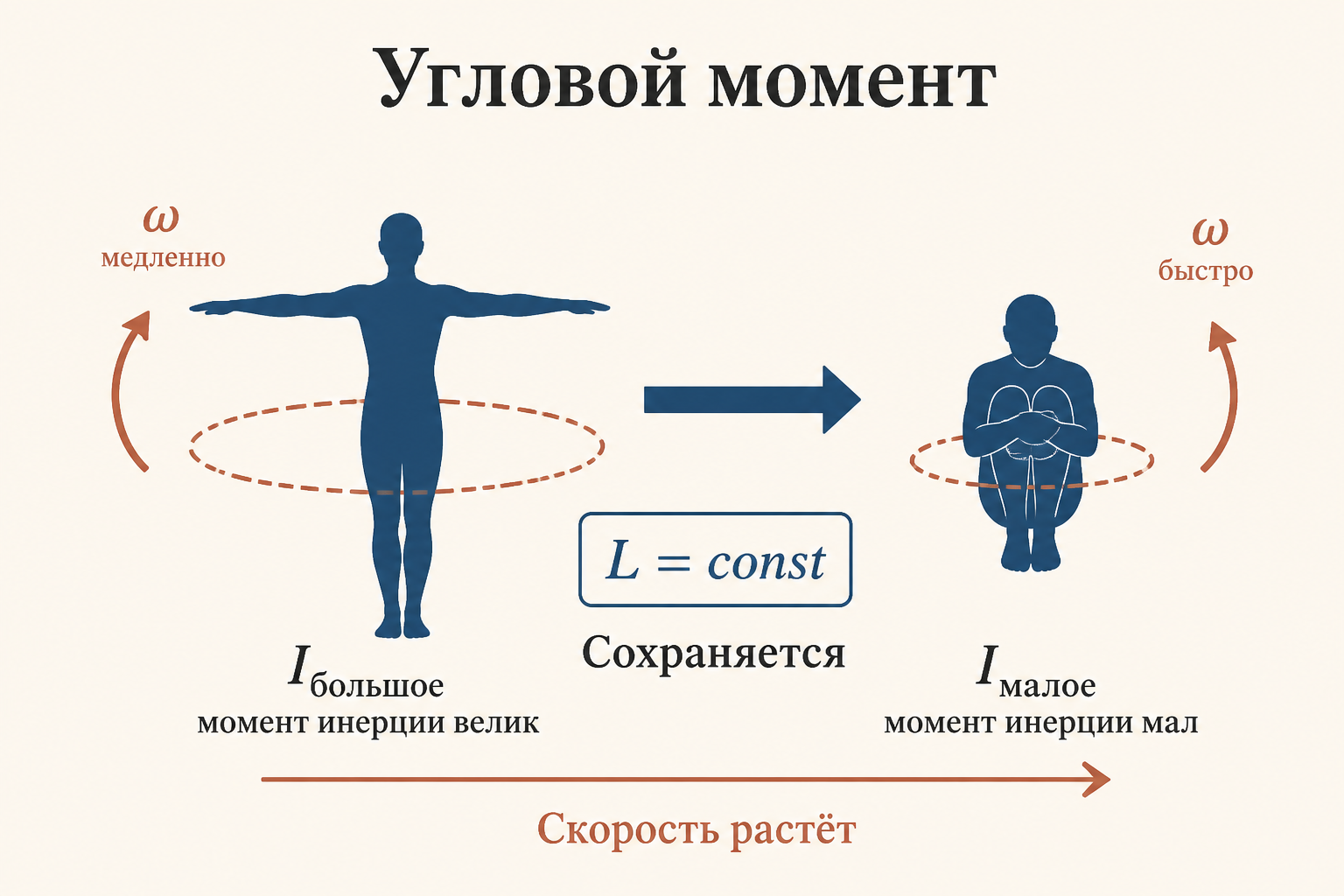 Схема закона сохранения углового момента: группировка уменьшает I, скорость вращения растёт