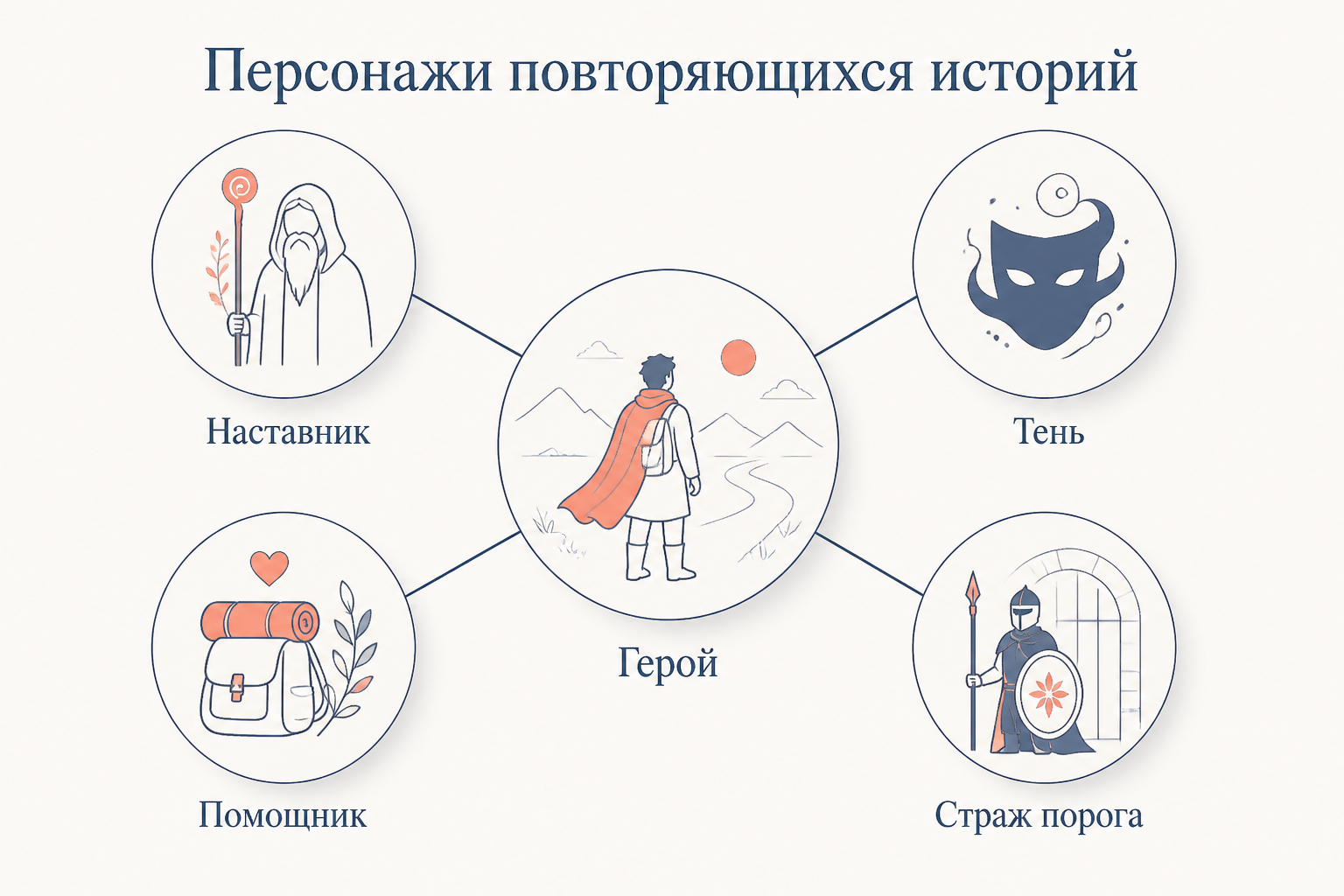 Повторяющиеся персонажи мономифа: герой в центре, наставник, тень, помощник и страж порога вокруг него