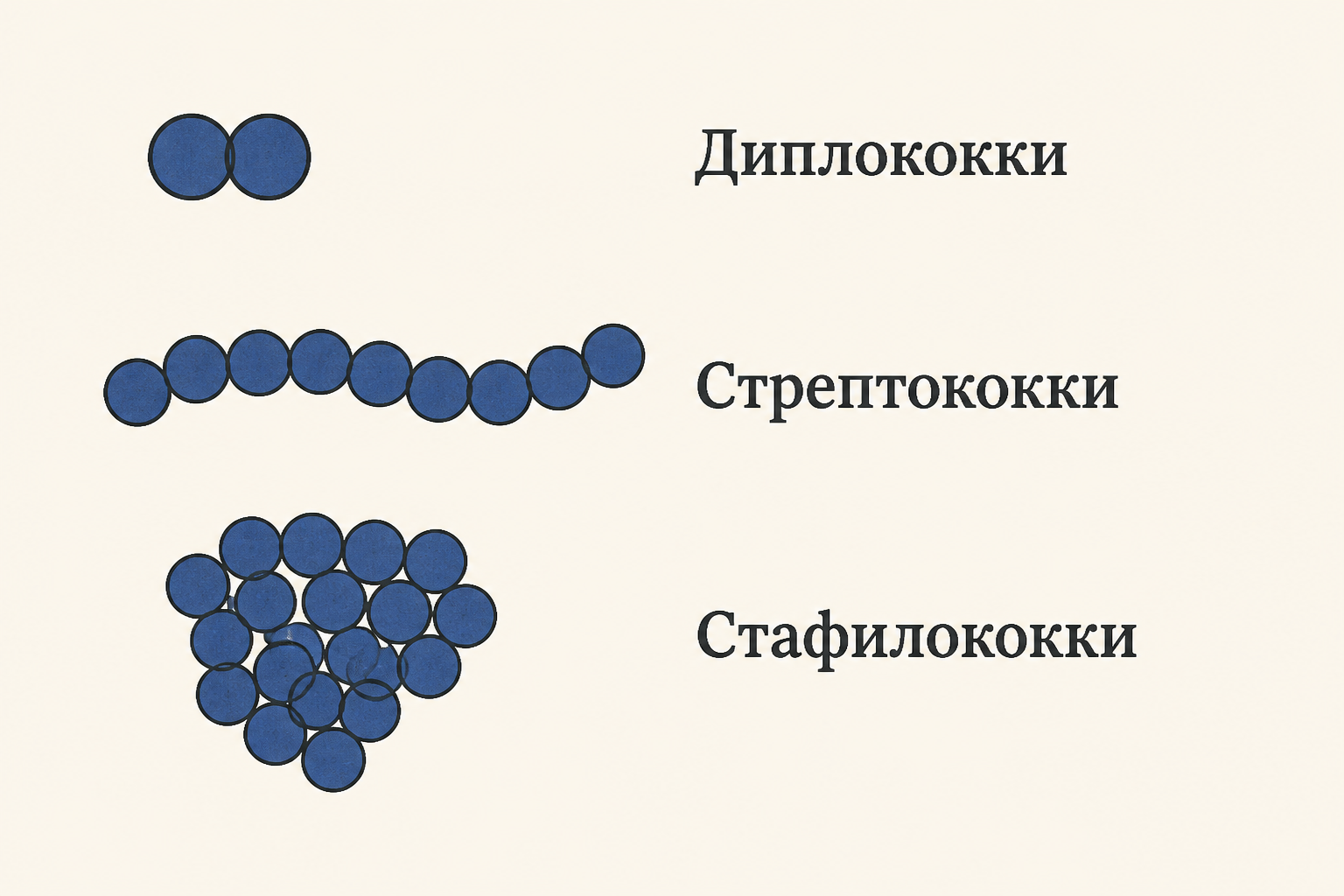 Типы кокков: диплококки, стрептококки, стафилококки и их схематическое расположение