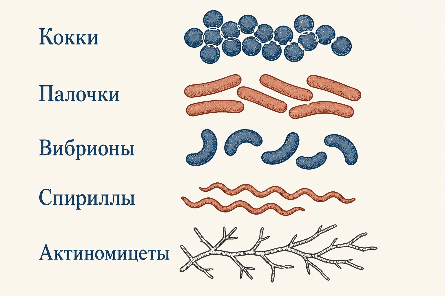 Схема классификации бактерий по форме клетки с примерами патогенных видов