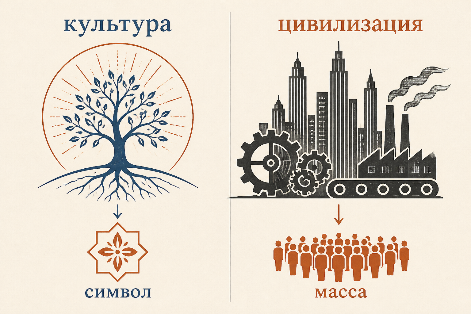 Два режима исторической формы: «культура» с ростом символов и «цивилизация» с городом, техникой и массовой политикой