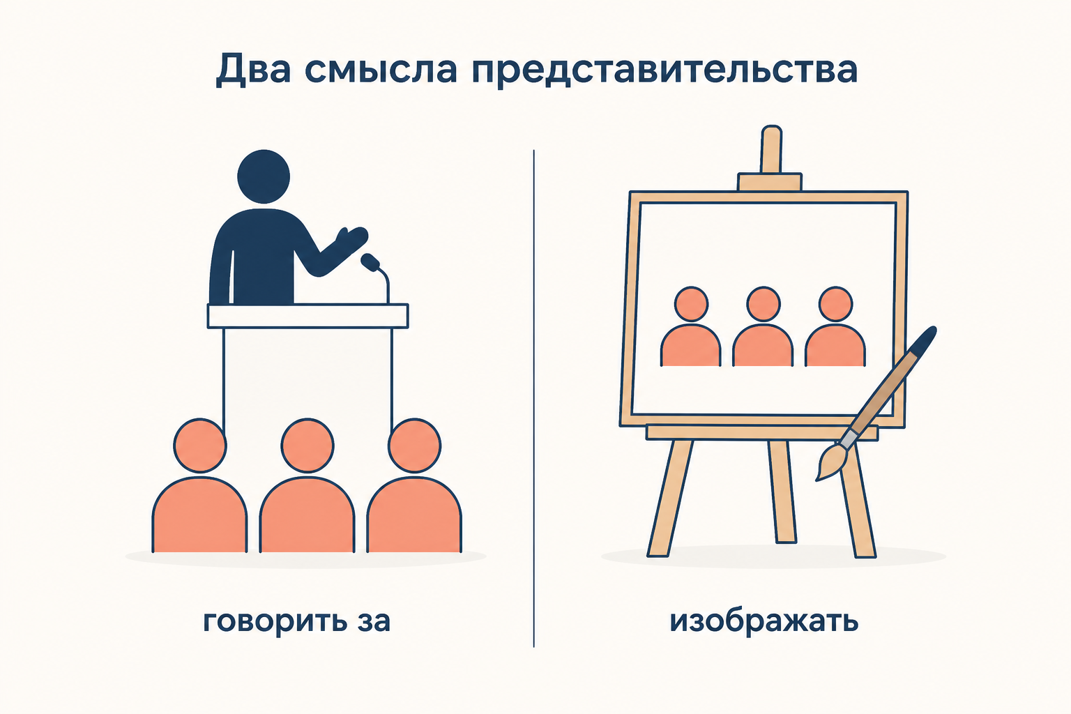 Два смысла представительства: слева оратор на трибуне говорит от имени группы, справа та же группа на холсте как изображение