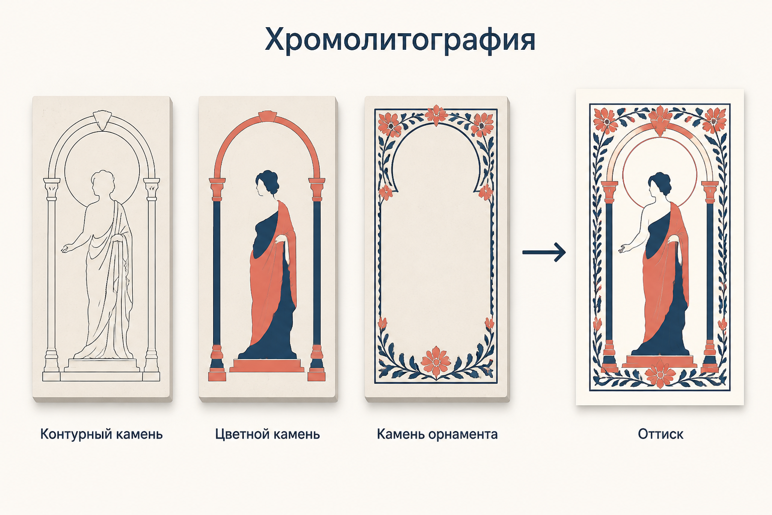 Хромолитография: контурный камень, цветной камень, камень орнамента и готовый оттиск афиши