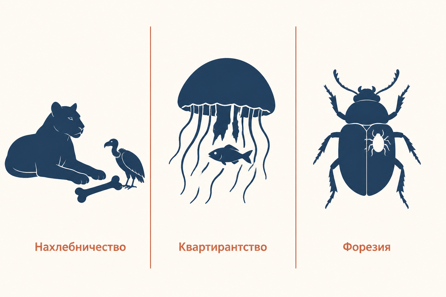 Три формы комменсализма: питание остатками, использование убежища и перенос на теле хозяина