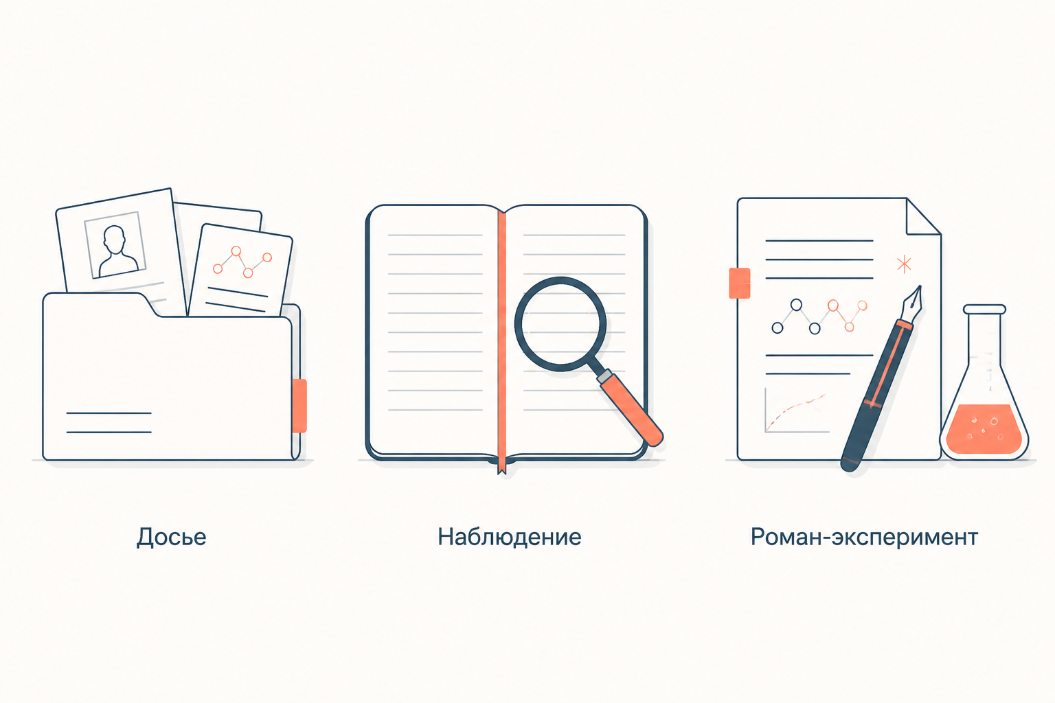 Метод натуралиста: рабочий стол писателя с досье наблюдений, лупой и рукописью романа как записью эксперимента