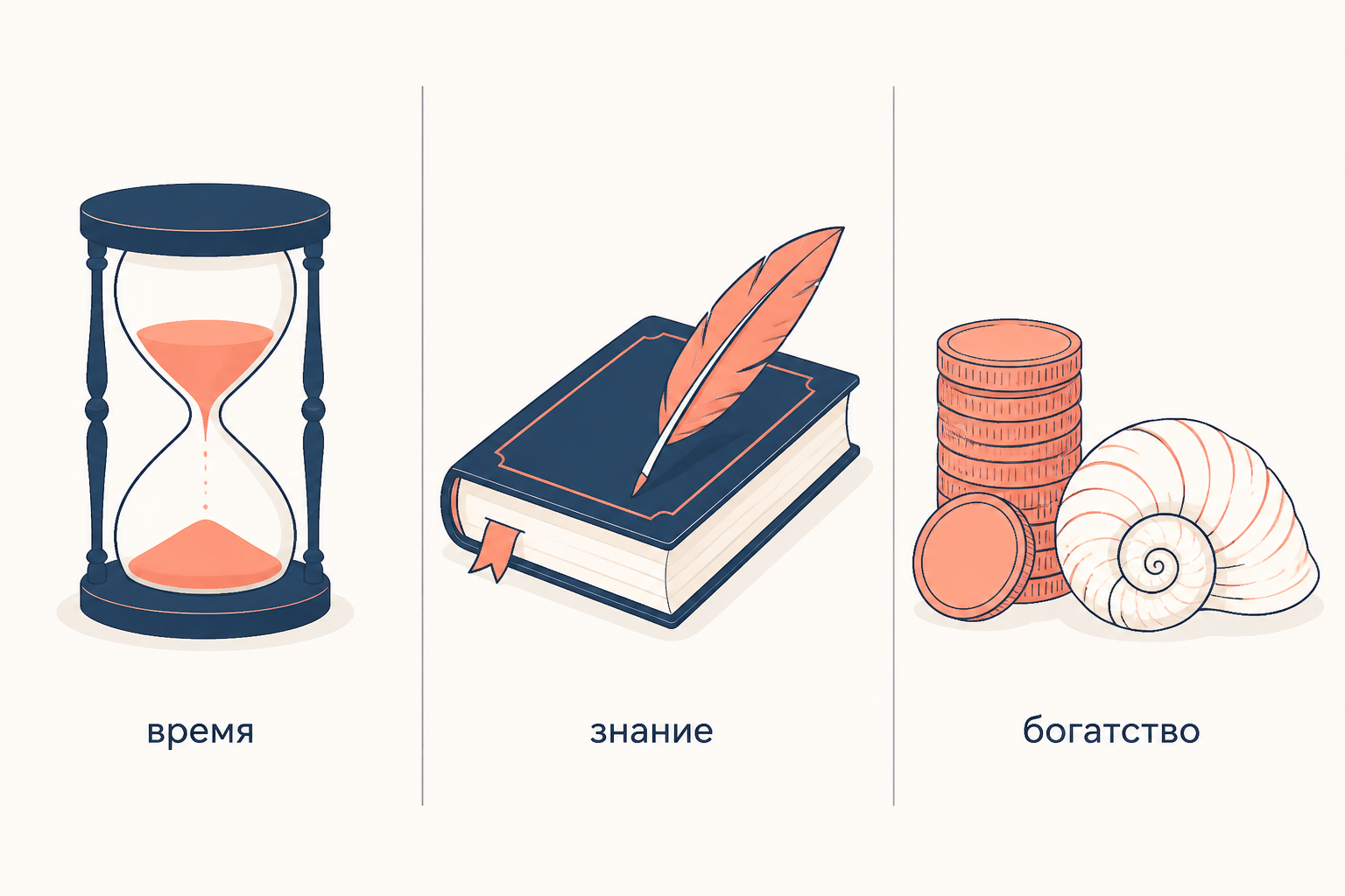 Три группы символов ванитас: часы и свеча как знаки времени, книга с пером как знание, монеты и раковина как богатство