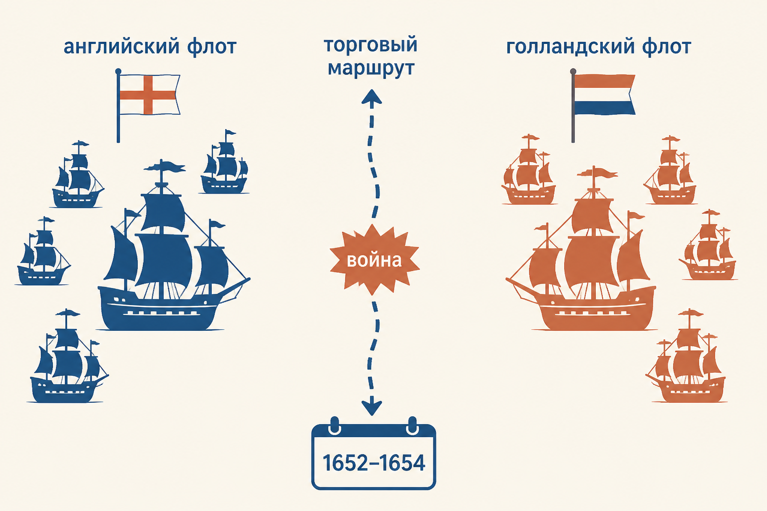 Морское соперничество Англии и Голландии: два флота разделены морским маршрутом, между ними обозначены торговые грузы и портовые города