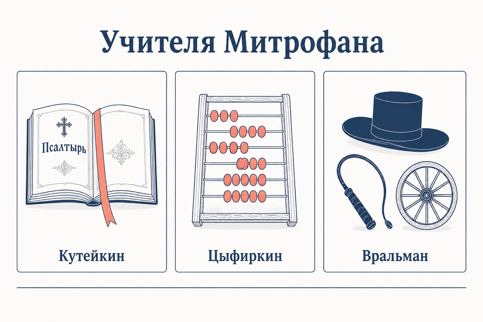 Три панели: Псалтырь Кутейкина, счёты Цыфиркина и кучерская шляпа Вральмана