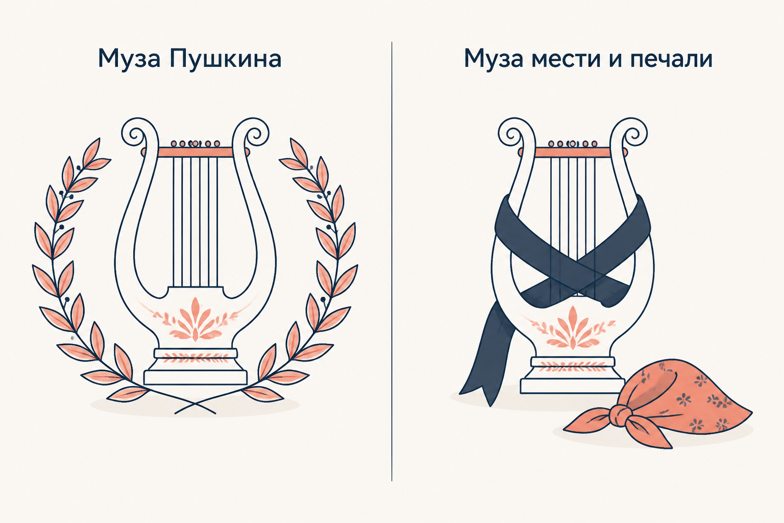 Классическая муза с лавровым венком и муза мести и печали в траурной ленте